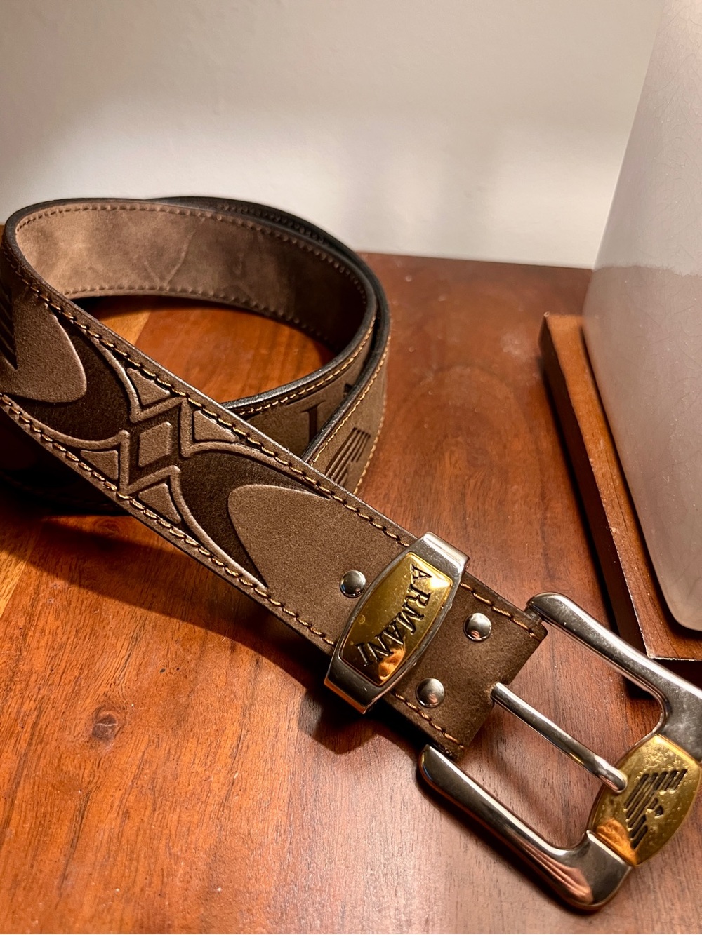 Vintage Armani Brown Suede Embossed Belt Medium